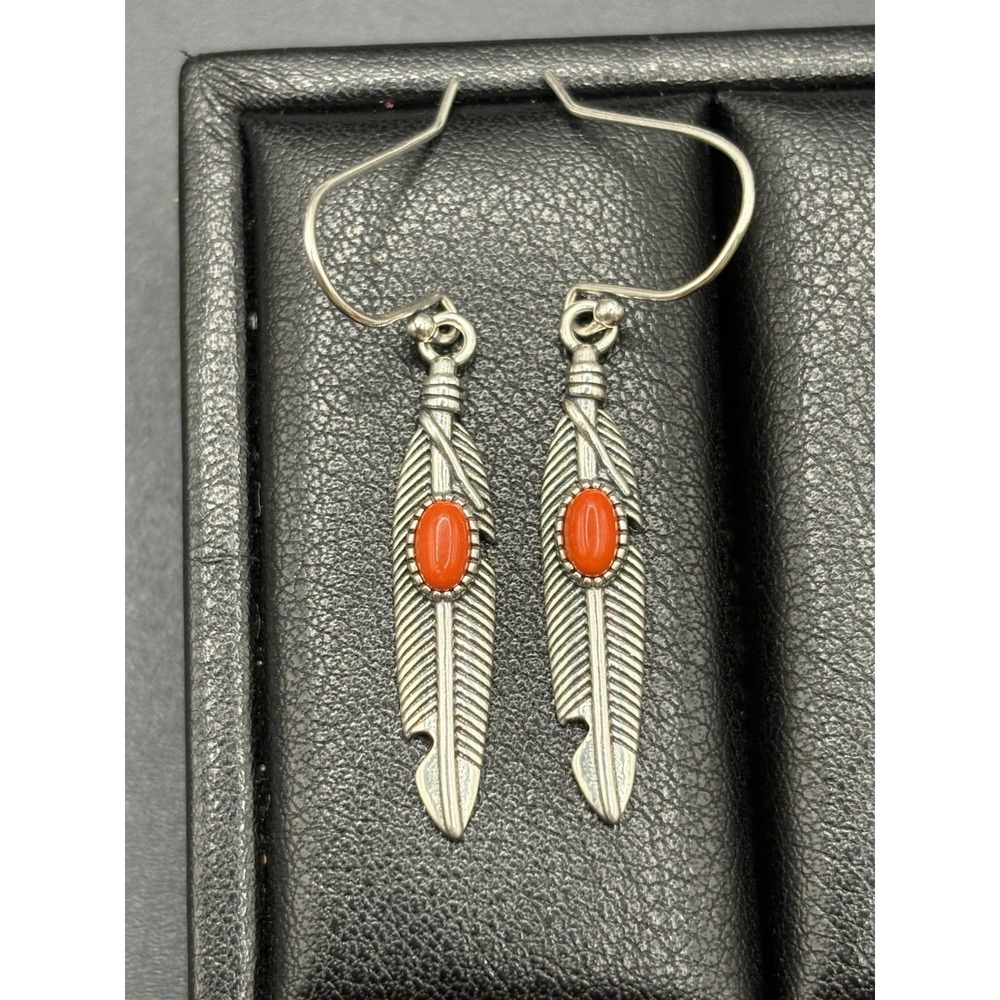 New Condition Sterling Silver Coral Feather Dangle Earrings 925 G24